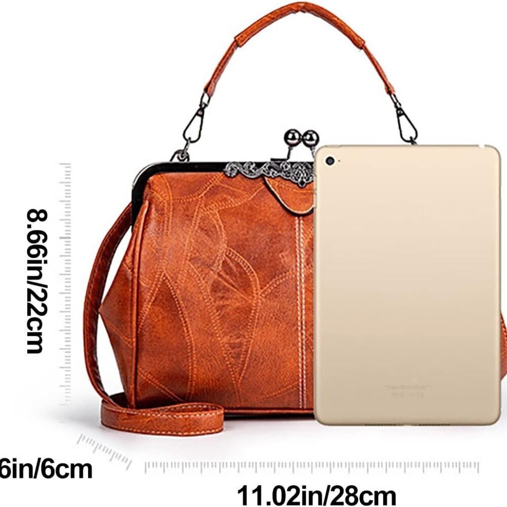 Women Vintage Leather Crossbody Bag Clutch Satchel with Kiss Lock Closure - Picture 5 of 7